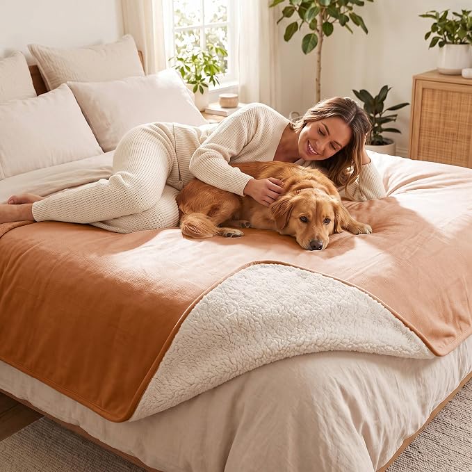 Waterproof Blanket for Dogs - Pet Throw as Furniture Protector | Cozy Sherpa & Smooth Velvet, Reversible and Machine Washable, for Couch, Bed, or Travel, 60"x80", Orange