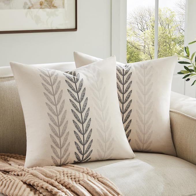 Farmhouse Leaves Throw Pillow Covers Set of 2, 16x16in Mixed Grey | 100% Organic Cotton, Rustic Accent Print Pillow Case, Pastoral Decorative Cushion Covers for Sofa Bed Living Room Home Decor