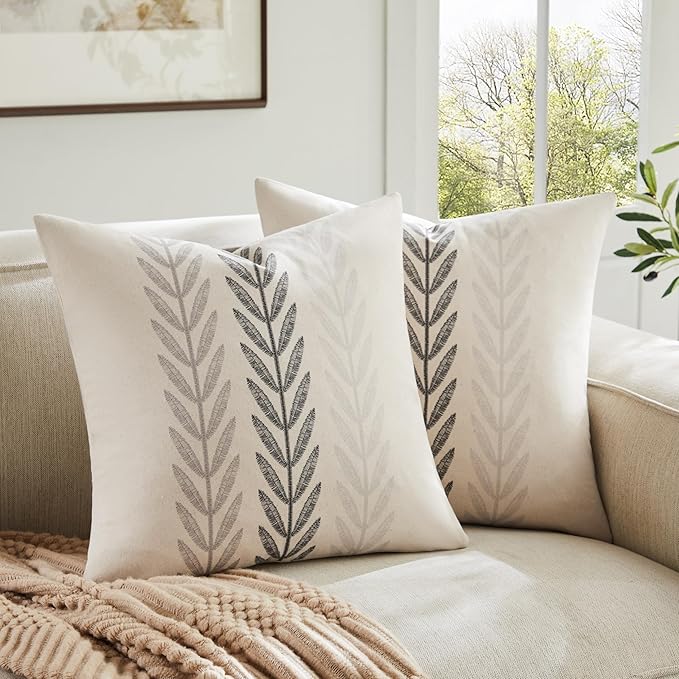 Farmhouse Leaves Throw Pillow Covers Set of 2, 18x18in Mixed Grey | 100% Organic Cotton, Rustic Accent Print Pillow Case, Pastoral Decorative Cushion Covers for Sofa Bed Living Room Home Decor