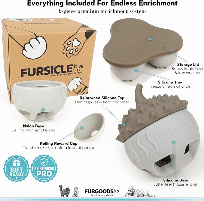 FURSICLE Pro Frozen Dog Treat Toy, Fillable Enrichment Lick Ball with Tray