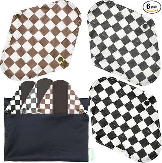 wegreeco Charcoal Reusable Menstrual Pads - Reusable Sanitary Pads | Reusable Panty Liners | Soft Cloth Menstrual - 6 Pack with 1 Cloth Mini Wet Bag (Black, Gray, and Brown Checkered, Medium)