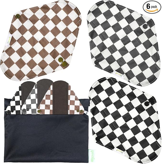 wegreeco Charcoal Reusable Menstrual Pads - Reusable Sanitary Pads | Reusable Panty Liners | Soft Cloth Menstrual Pad- 6 Pack with 1 Cloth Mini Wet Bag (Black, Gray, and Brown Checkered, Large)