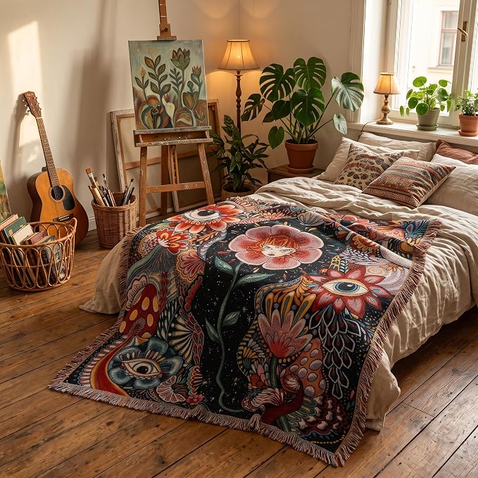 Hippie Flower Cotton Woven Boho Throw Blanket for Couch Bed Chair Lounge Hippie Room Decor Reversible Whimsical Throw Blanket Witchy Room Decor Throws Bed Spread Outdoor Camping Blankets 51x59 Inches