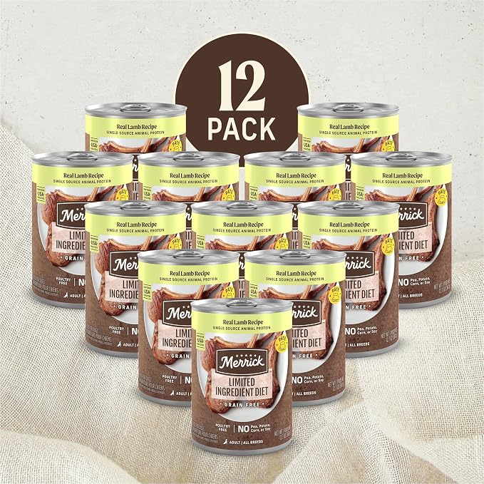 Merrick Limited Ingredient Lamb Wet Dog Food, Pack of 12, 12.7 oz Cans | Premium, grain-free and poultry-free, natural lamp recipe for complete balanced nutrition for adult dogs