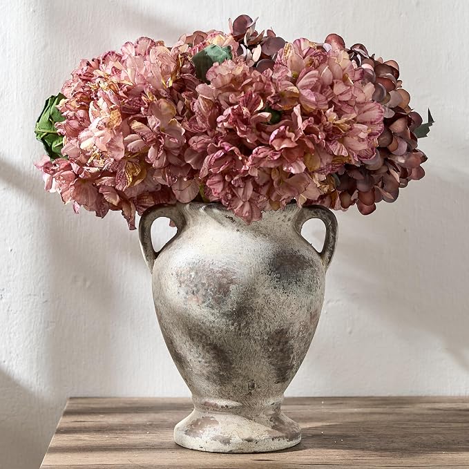 PORCER Ceramic Rustic Flower Vase with Handles, 8.46 Inch Tall Vintage Pottery Home Decor, Farmhouse Terracotta Vase for Living Room, Table, Shelf, Mantel Decoration, Farmhouse- Brown