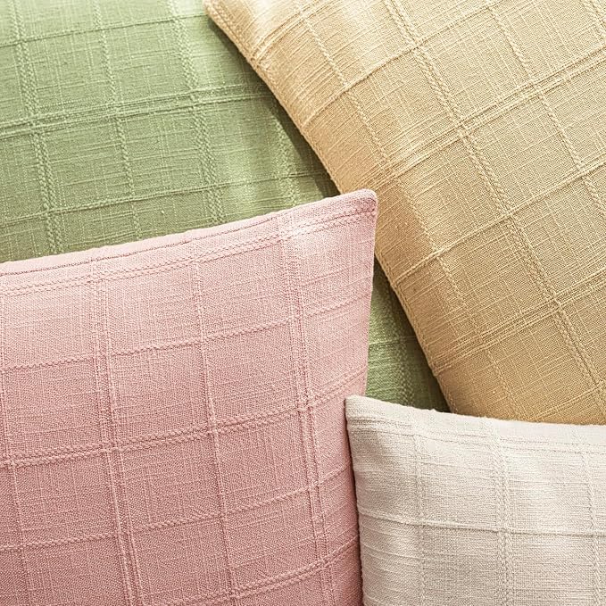 Foindtower Set of 2 Decorative Linen Check Throw Pillow Covers Neutral Farmhouse Lumbar Cushion Covers Modern Boho Accent Home Decor for Sofa Chair Couch Bedroom Living Room,12×20 Inch,Light Pink