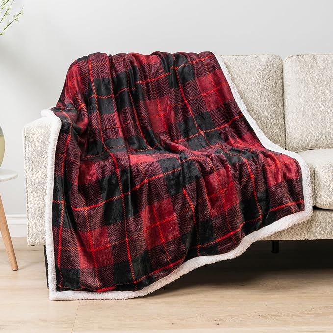 PAVILIA Plaid Sherpa Throw Blanket for Couch Sofa Bed, Black Red, 50x60 | GSM 460; Soft Plush Flannel Fleece; Warm&Cozy for Home; Machine Washable, Perfect Cabin Decor Winter Holiday Christmas Gift