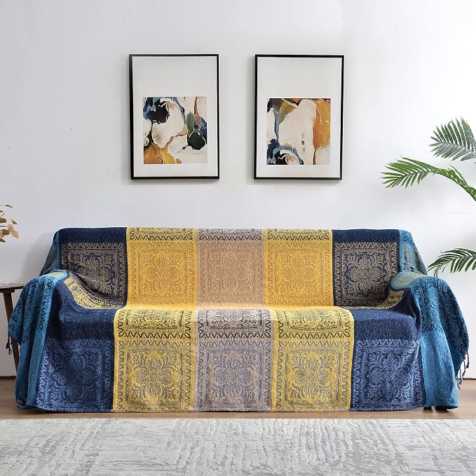 Bohemian Throw Blanket for Couch，Colorful Chenille Tassels Boho Woven Hippie Throw Blankets for Couch Bed Sofa Chair Recliner Loveseat , Bohemian Fringe Tassels Decor Home (Blue, Large 86102Inches)