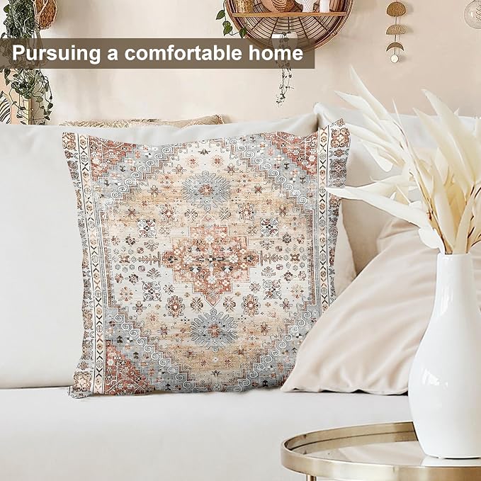 Boho Throw Pillow Covers 22x22 inch Set of 2,Soft Pillowcases Bohemia Carpet Printing Pattern Decorative Sofa Living Room Bed Square Pillow Case Cushion Cover-Orange Grey