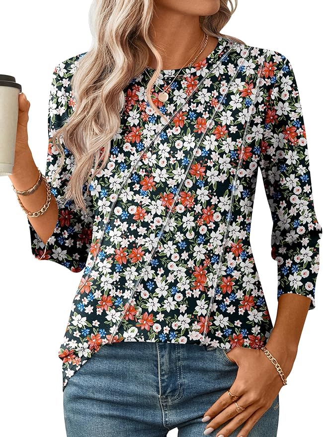 LOMON 3/4 Length Sleeve Womens Tops Spring Summer Fashion 2026 Tops Crew Neck Pleated Shirts Tunic Top Loose Fit