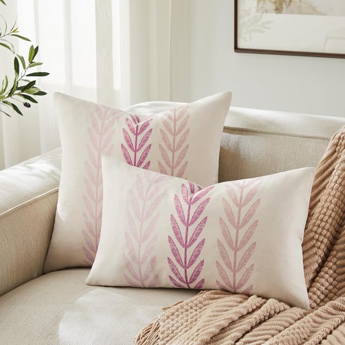 Farmhouse Leaves Throw Pillow Covers Set of 2, 16x16in Mixed Pink | 100% Organic Cotton, Rustic Accent Print Pillow Case, Pastoral Decorative Cushion Covers for Sofa Bed Living Room Home Decor