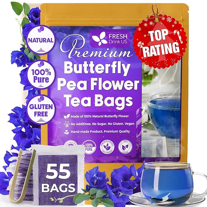 FreshDrinkUS, Premium 55 Blue Butterfly Pea Flowers Tea Bags, 100% Natural and Pure from Butterfly Pea Flowers, Made With Natural Material Tea Bag, No Sugar, No Caffeine, No Gluten, Vegan