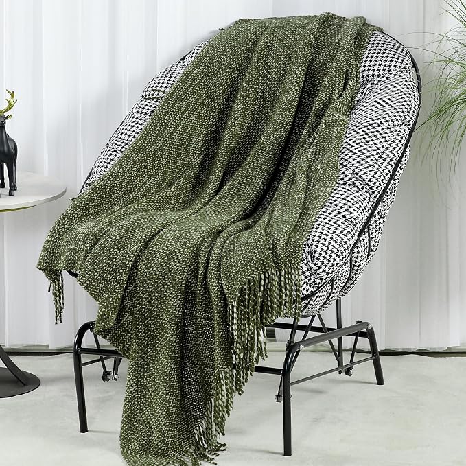 Blagic Wheat Textured Knit Throw Blanket for Couch,Green and White,60"x80" | Soft Farmhouse Boho Throw Blanket with Tassels,Decorative for Living Room,Gifts for Adults,All Season Use