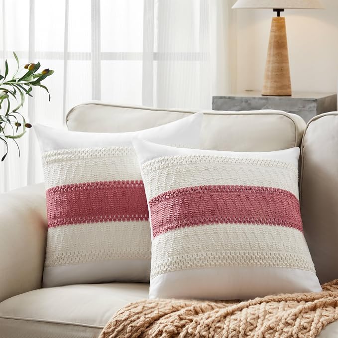 2pk Boho Pillow Covers 18x18, Natural White/Contrast/Dusty Pink | 100% Organic Cotton Body, Stripe Embroidery, Farmhouse Decorative Cushion Covers for Sofa Bed Living Room Home Decor