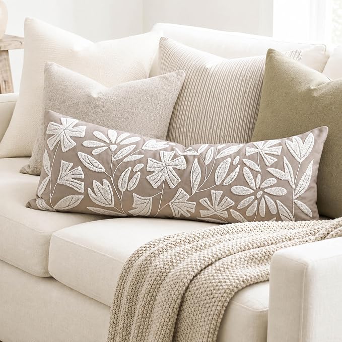 Long Lumbar Pillow Cover 14x36 for Bed, Light Taupe Floral Tufted Velvet Accent Oversize Throw Pillowcase for Bedroom, Cover Only