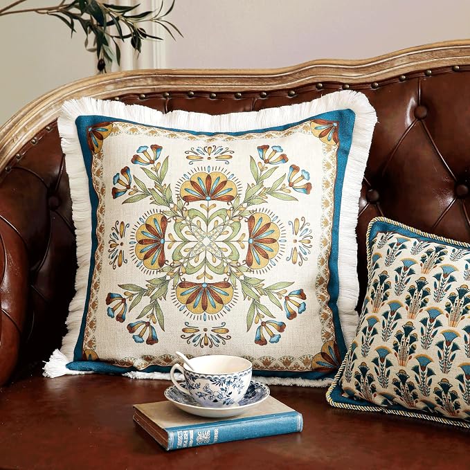 patdrea Designer Vintage Linen Throw Pillow Cover,18"x18"-Wensel B | RusticDecorative Pillow Case with Zipper,Floral Pattern,Cushion Coverfor Couch Living Room Bedroom Sofa