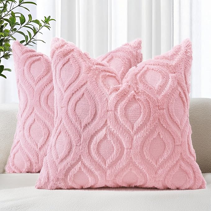 decorUhome Faux Fur Plush Light Pink Throw Pillow Covers 20x20 Set of 2 | Plush Solid Fall Couch Pillow Covers, Accent Modern Farmhouse Neutral Decorative Square Pillow Cases for Sofa Bed Living Room