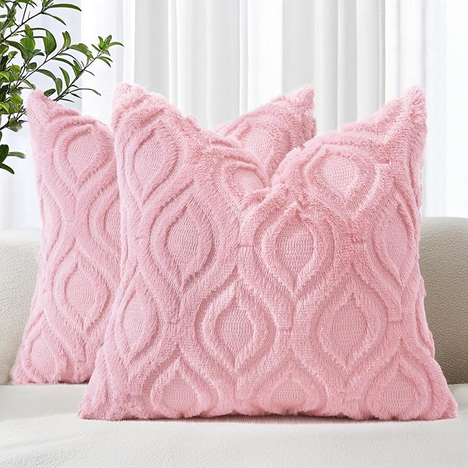 decorUhome Faux Fur Plush Light Pink Throw Pillow Covers 24x24 Set of 2 | Plush Solid Fall Couch Pillow Covers, Accent Modern Farmhouse Neutral Decorative Square Pillow Cases for Sofa Bed Living Room