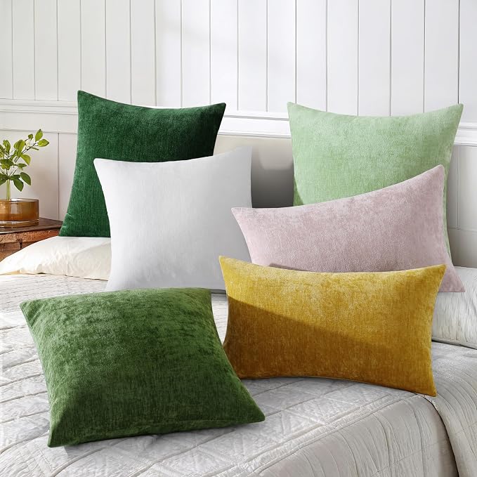decorUhome Soft Chenille Christmas Green Throw Pillow Covers 16X16 Set of 2 | Decorative Fall Couch Pillow Covers Solid Dyed Accent Modern Farmhouse Neutral Square Pillow Cases for Sofa