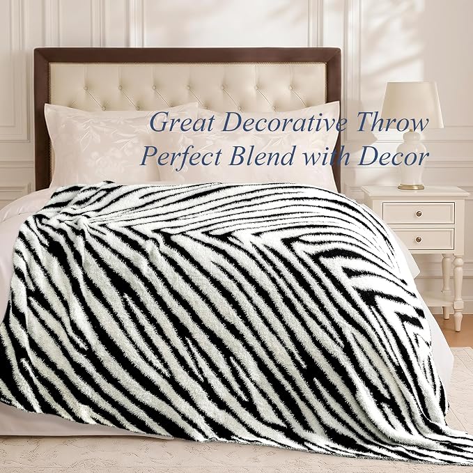 Knit Throw Blanket for Couch, Soft Cozy Fluffy Knitted Blanket for Sofa, Bed, Gift for Women Girls Home Decor (Zebra-Black, Throw 50"x60")
