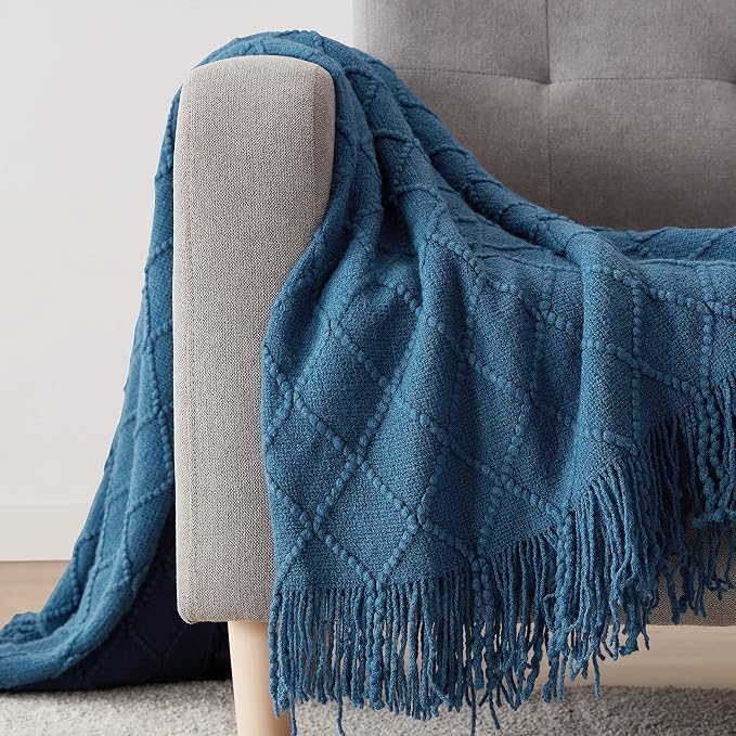 BOURINA Royal Blue Throw Blanket 50x90 Inch Knitted Soft Throw Sofa Blanket | Knitted Throw Blanket 50x90 Inches, Soft Lightweight Boho Weave Throw Decorative Couch Blanket for Living Room Bedroom Chair