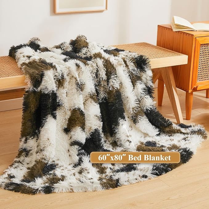 XeGe Luxury Faux Fur Throw Blanket, Soft Cow Print Big Fluffy Bed Blanket, Shaggy Plush Decorative Couch Blanket, Cute Furry Animal Print Fuzzy Blanket for Bedroom Living Room, Cow Brown, 60x80