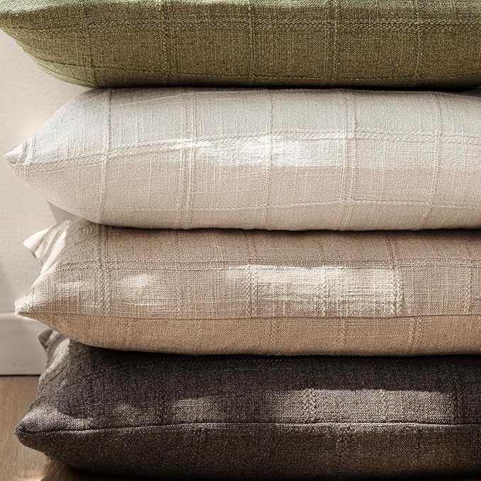 Foindtower Set of 2 Decorative Linen Check Throw Pillow Covers Neutral Farmhouse Vintage Cushion Covers Modern Coastal Boho Home Decor for Sofa Chair Couch Bedroom Living Room,22×22 Inch,Camel