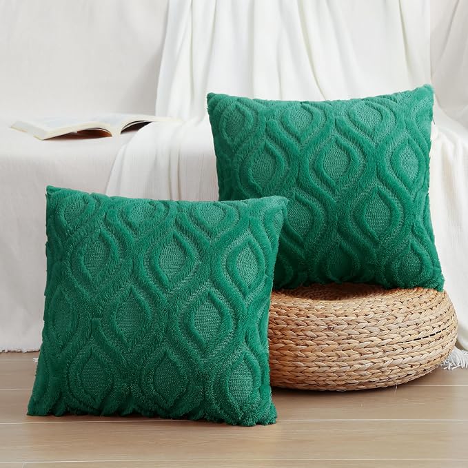 decorUhome Faux Fur Plush Soft Green Throw Pillow Covers 24x24 Set of 2 | Plush Solid Fall Couch Pillow Covers, Accent Modern Farmhouse Neutral Decorative Square Pillow Cases for Sofa Bed Living Room