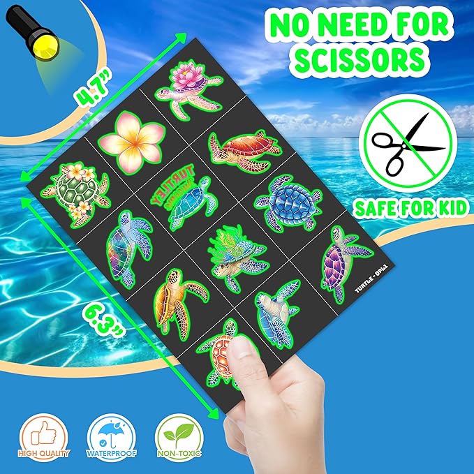96 PCS Turtle Pre-Cut Luminous Glow in the dark Temporary Tattoos for Kids | Super Cute First Themed Birthday Party Favors Supplies Decorations, Fake Ocean Animal Tattoo Stickers Gifts for Boys Girls