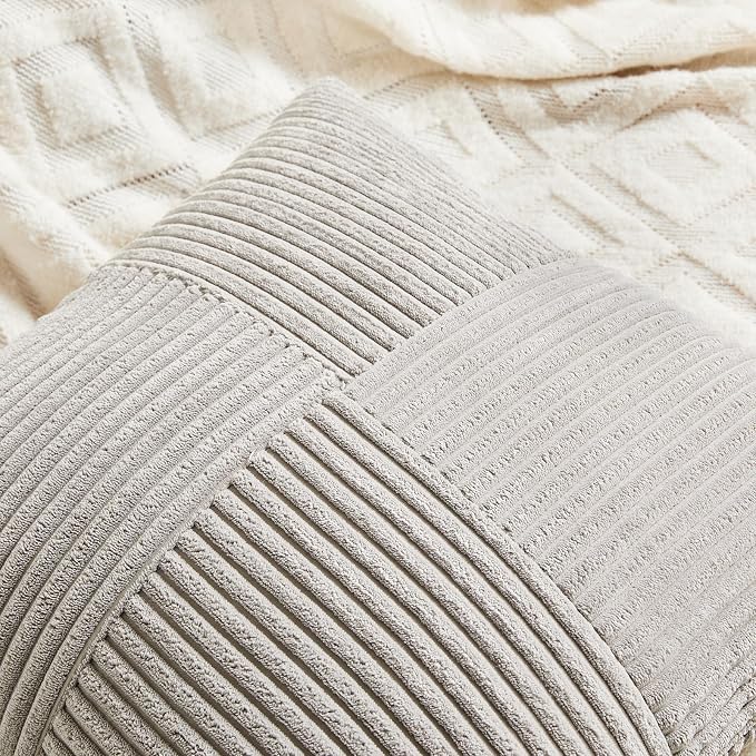 Fancy Homi Neutral Grey Decorative Throw Pillow Covers 22x22 Inch for Living Room Couch Bed Sofa, Rustic Farmhouse Boho Home Decor, Soft Corss Corduroy Patchwork Accent Cushion Case 55x55 cm