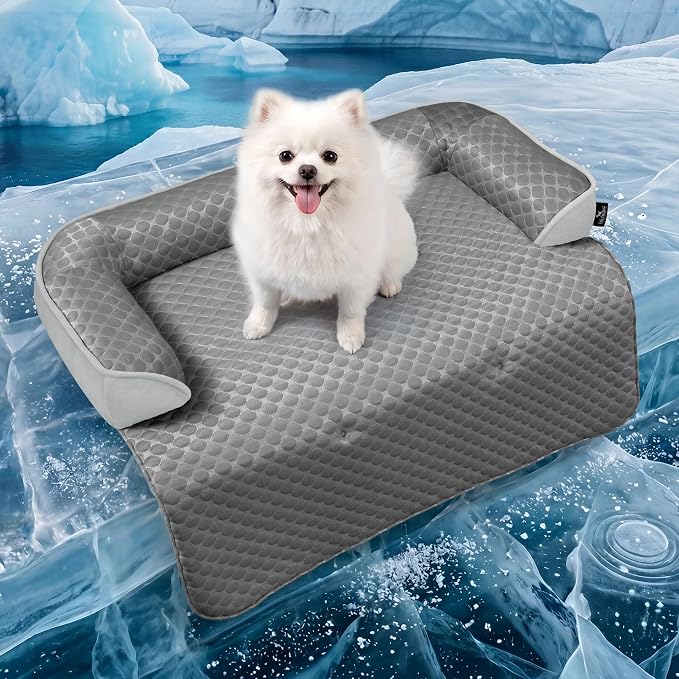 Medium Dog Cooling Bed for Sofa, 35x31 Inch Pets Couch Cover Mat | Waterproof & Easy Clean & Non-Slip Bottom & Non-Gel, Washable Dogs Summer Couch Pad For Indoor & Outdoor, Cooling Grey