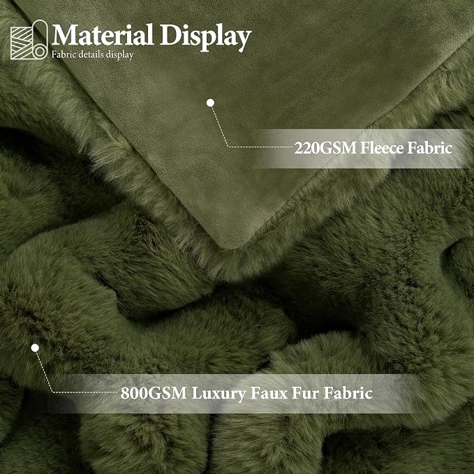 Luxury 1000GSM Rabbit Faux Fur Blanket, Super Warm Cozy Brown Blankets for Couch Bed Sofa, Ruched Plush Fuzzy Elegant Soft Reversible Mink Blanket Living Room Bedroom, 50" x 60",Forest Green