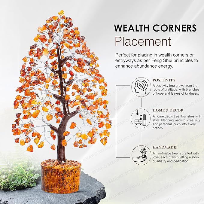 "Carnelian Chakra Tree of Life - Crystal Tree for Positive Energy, Handmade Gemstone Tree - Feng Shui Decor, Good Luck Money Tree Bonsai - Orange Healing Crystals for Sacral Chakra, Prosperity Gift"