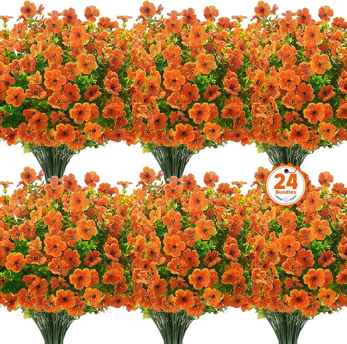 24 Pcs Artificial Fall Flowers, Fake Mums for Outdoors, Orange | Lifelike faux mums, silk flower, UV resistant, no-maintenance, for autumn Thanksgiving garden porch yard indoor outdoor decor