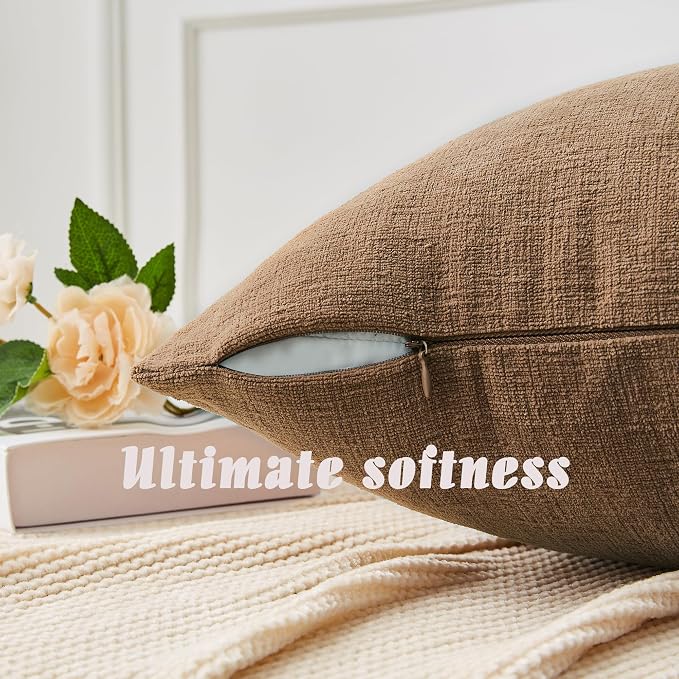 GAWAMAY Decorative Square Throw Pillow Covers 22x22 Inch Set of 2, Super Soft Chenille Pillows Farmhouse Fall Pillowcase for Living Room Bedroom Sofa Couch Cushion Cover Brown 55x55cm (No Inserts)