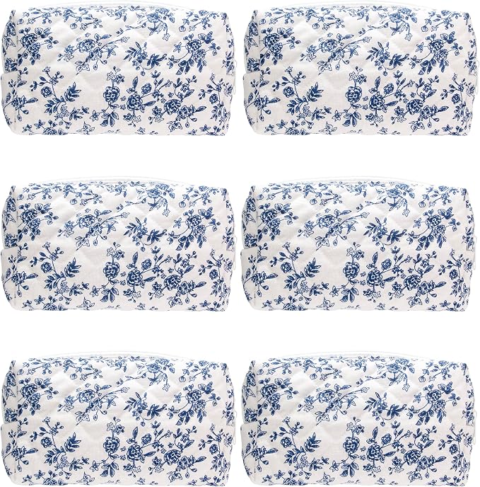 PAZIMIIK Small Quilted Makeup Bag,Zipper Cosmetic Pouch,Jouy Blue,6 Pack | Lightweight Cosmetic Bag Organizer for Women,Purse Storage Holds Makeup,Toiletries,Skincare,Beauty Essentials,Travel Items