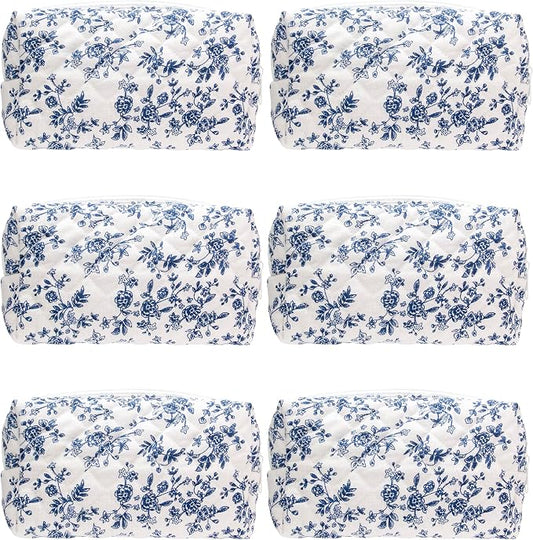 PAZIMIIK Small Quilted Makeup Bag,Zipper Cosmetic Pouch,Jouy Blue,6 Pack | Lightweight Cosmetic Bag Organizer for Women,Purse Storage Holds Makeup,Toiletries,Skincare,Beauty Essentials,Travel Items