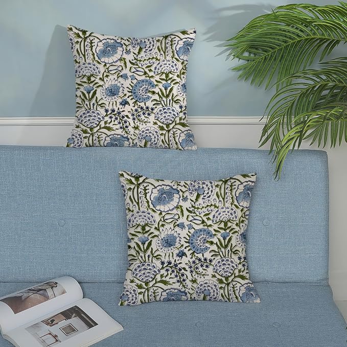 Boho Navy Blue Pillow Covers 20x20 Inch Set of 2 Blue Sage Green Floral Throw Pillows Vintage Flower Outdoor Decorative Pillow Cases Farmhouse Linen Cushion Cover Decor for Couch Sofa Decor