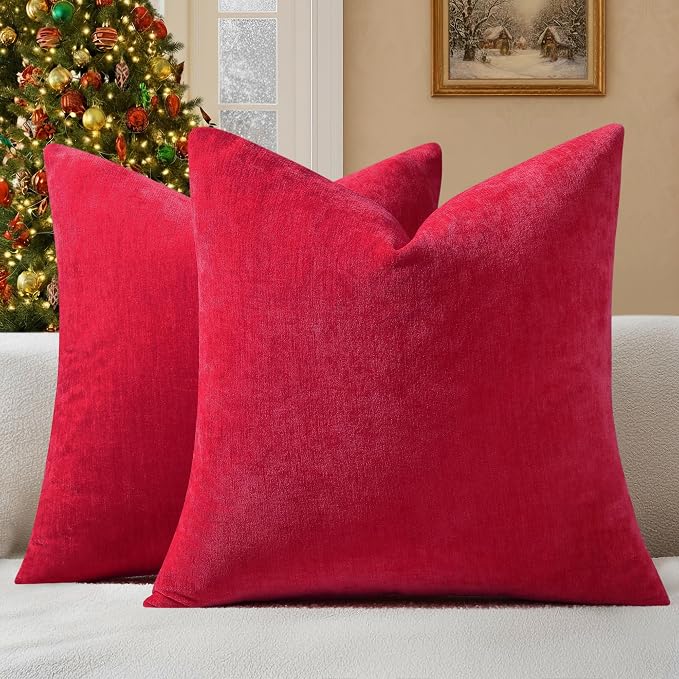 decorUhome Soft Chenille Christmas Red Throw Pillow Covers 18X18 Set of 2 | Decorative Fall Couch Pillow Covers Solid Dyed Accent Modern Farmhouse Neutral Square Pillow Cases for Sofa