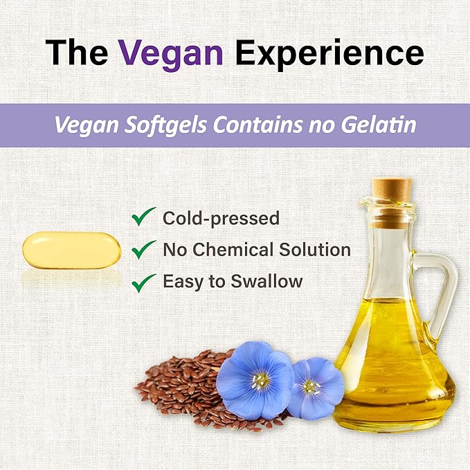 LOVITA Vegan Flaxseed Oil 1500mg with 900mg ALA Omega-3 6 9, Cold-Pressed Flax Seed Supplement, Support Heart, Brain, Joint & Skin Health, Non-GMO & Gluten Free, 180 Softgels