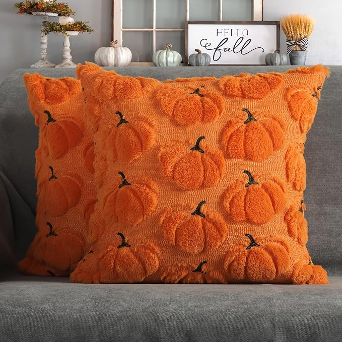 Fall Pumpkins Decorative Pillow Covers 18x18 Set of 2, Orange Soft Plush Faux Fur Wool Farmhouse Throw Cushion Cases for Autumn Thanksgiving Holiday Home Decorations