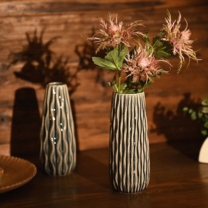 VICTOR & TERESA Ceramic Vase for Flowers, 8'' Set of 2 Decorative Vintage Blue Vases for Home Decor, Farmhouse Vases for Pampas Grass, Table, Mantel, Living Room, Shelf, Centerpieces, Gifts for Mom