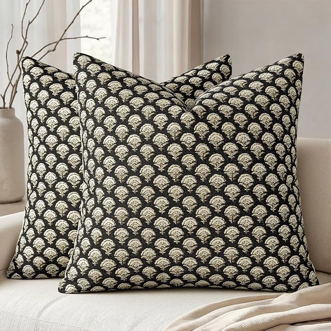 MIULEE Floral Print Decorative Pillow Covers 18x18, Black Gold | Vintage Boho Farmhouse Modern Home Decor, Set of 2, Block Print Cushion Covers for Couch Sofa Bed Living Room