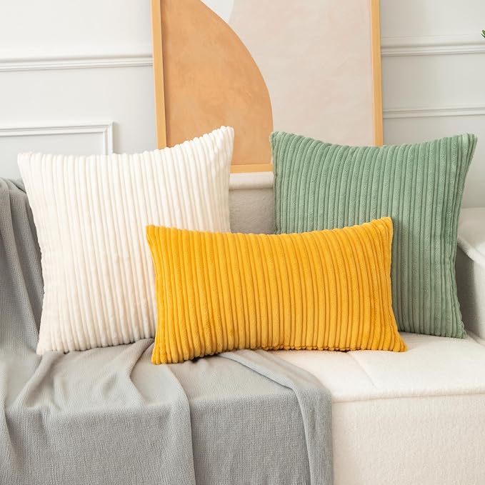 UGASA Corduroy Striped Soft Decorative Throw Pillow Covers Soild Square Set Cushion Cases Pillowcases for Sofa Bedroom, 2 Pcs, 16x16inch, Cream