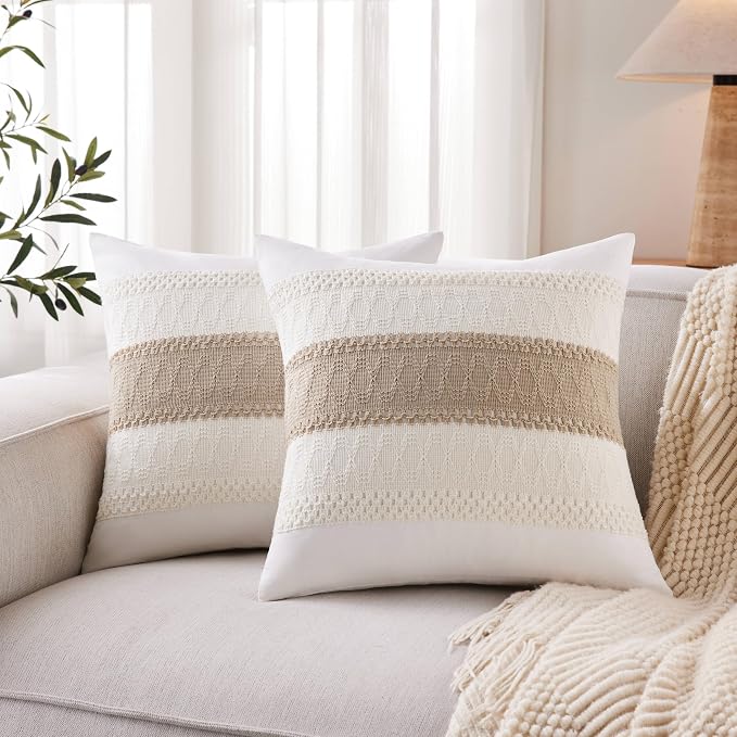 2pk Boho Pillow Covers 18x18, Natural White/Contrast/Taupe | 100% Organic Cotton Body, Stripe Embroidery, Farmhouse Decorative Cushion Covers for Sofa Bed Living Room Home Decor