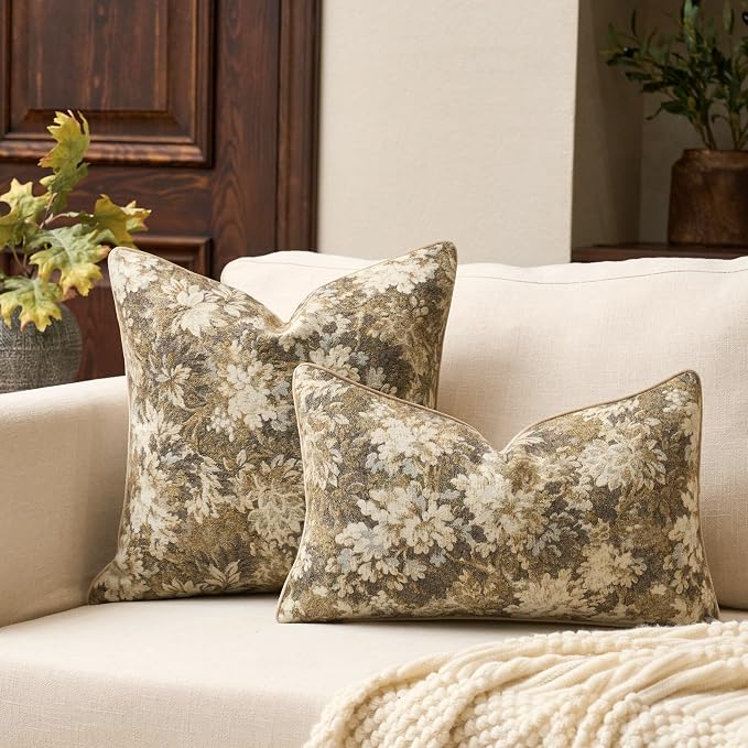Neutral Floral Pillow Cover 12 x 20 Inches, Vintage Chenille Rectangle Throw Pillow Cover Soft Decorative Farmhouse Accent Couch Pillow Cover for Living Room Bedroom, Beige