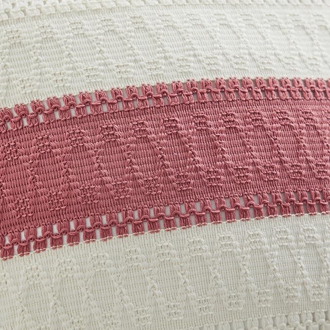 2pk Boho Pillow Covers 16x16, Natural White/Contrast/Dusty Pink | 100% Organic Cotton Body, Stripe Embroidery, Farmhouse Decorative Cushion Covers for Sofa Bed Living Room Home Decor