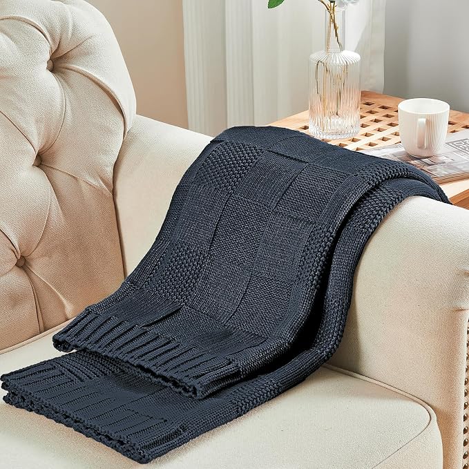 CozeCube Navy Blue Knitted Checkered Throw Blanket 60"X80" | Check Knit Throw for Couch, Decorative Christmas Soft Cozy Warm Blanket for Bed Sofa Living Room