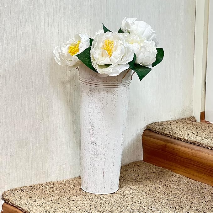Hosley Set of 2 White Metal French Bucket with Handles & PVC Liner, 6" Dia x 15" H for Weddings, Parties, Country Picnics, Floral Arrangements, Tableware Storage, or Gardens - Rustic Farmhouse Décor