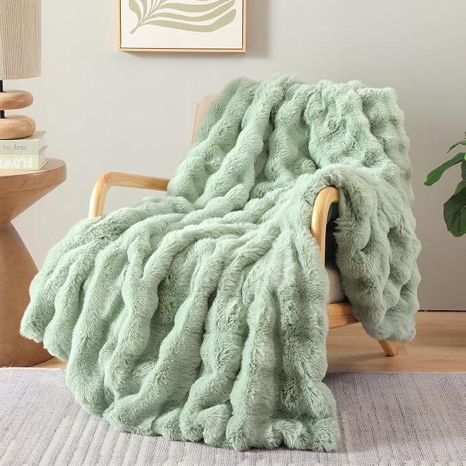 Faux Rabbit Fur Throw for Couch - Sage Green Bubble Blanket 60"x80" | Fluffy Plush Fuzzy Throw for Sofa & Bed, Super Soft Cozy Comfrt Blanket, Luxury Aesthetic Sage Green Decor Gift for Women